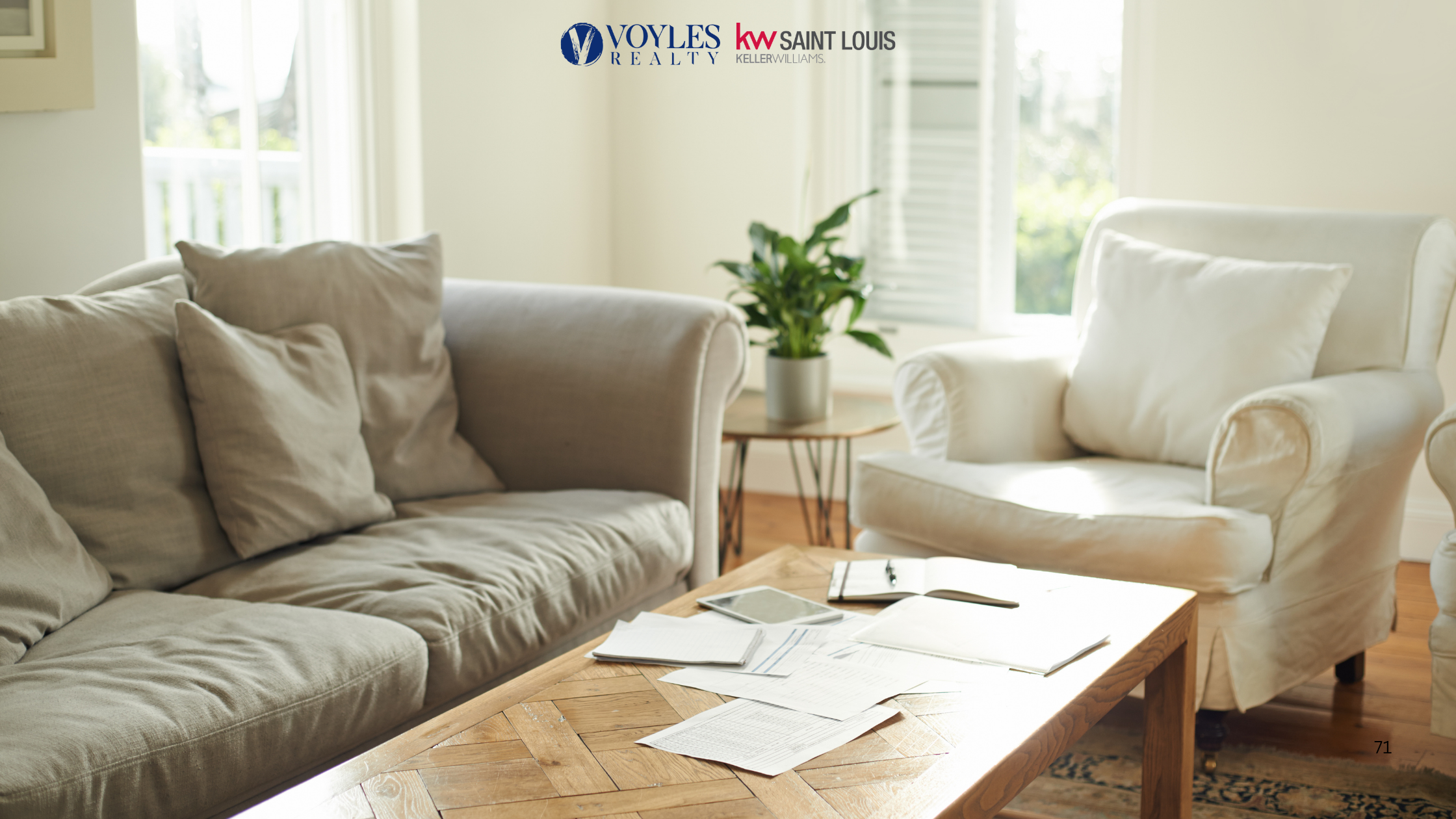 Bright living room interior featuring a grey couch, white armchair, potted plant, and scattered paperwork on a wooden coffee table under the Voyles Realty and KW Saint Louis logos.