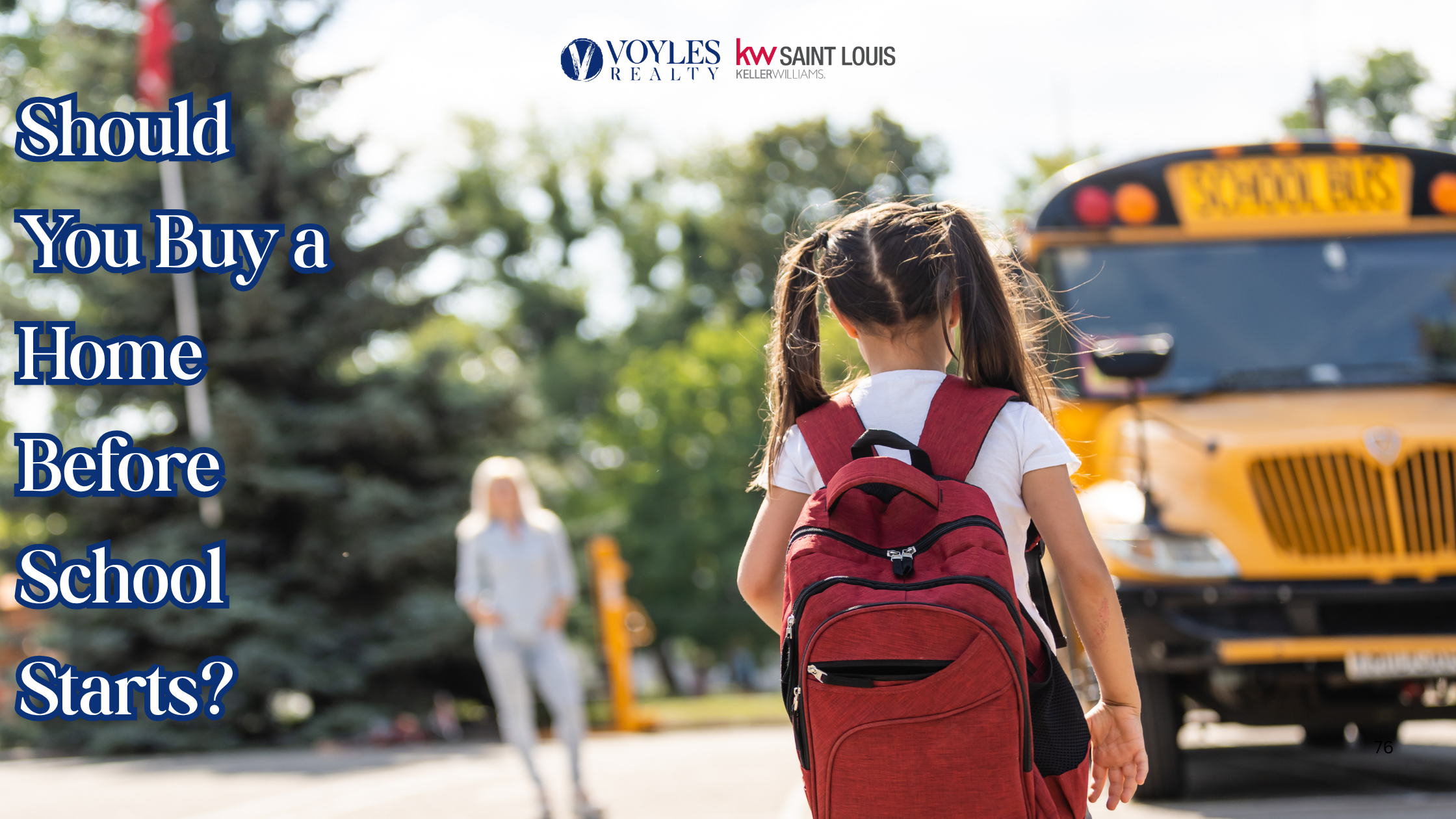 A young girl with a red backpack walks toward a yellow school bus, featuring the text 