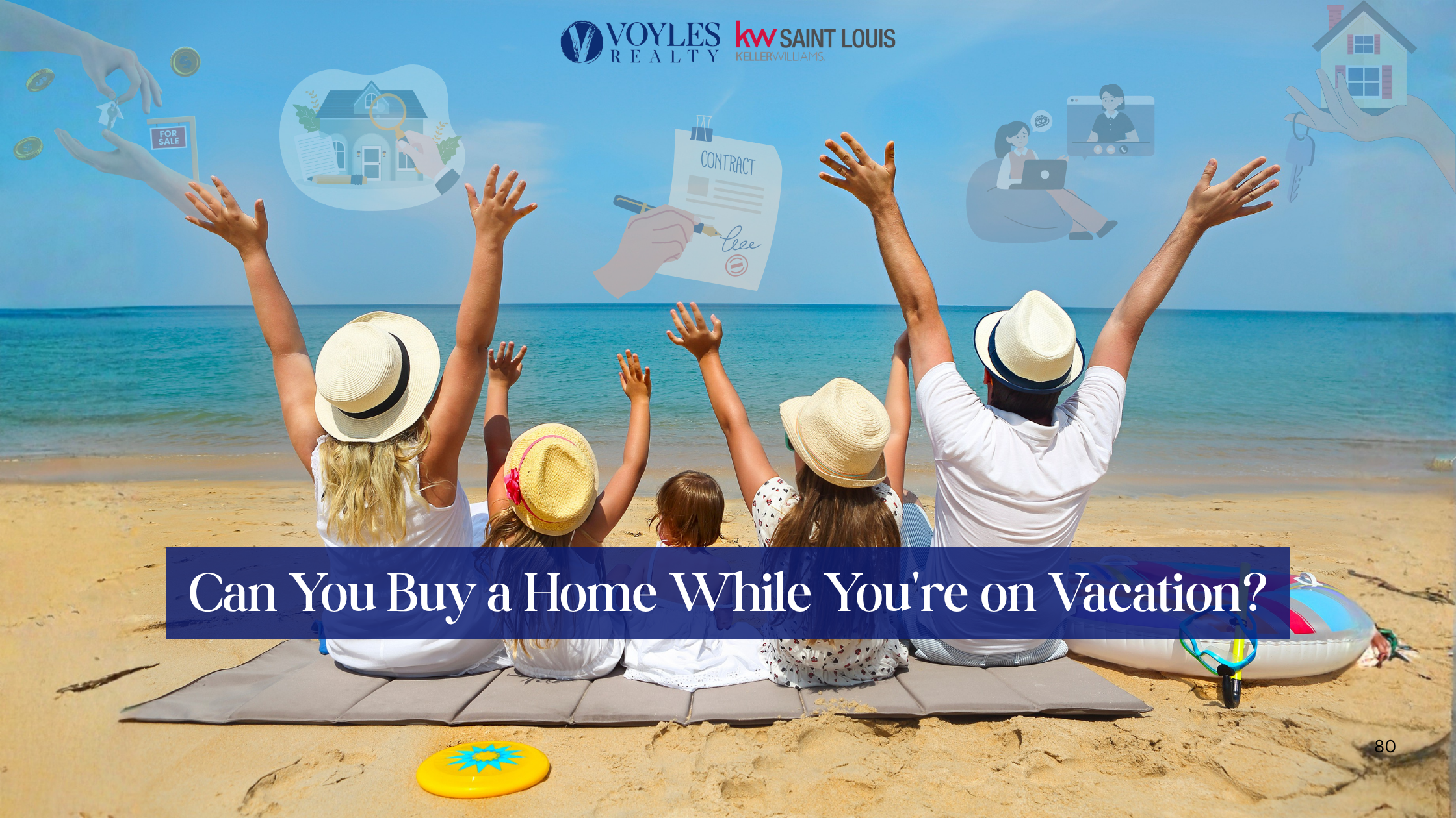Family sitting on a beach with hands raised in the air below text reading: Can You Buy a Home While You're on Vacation?