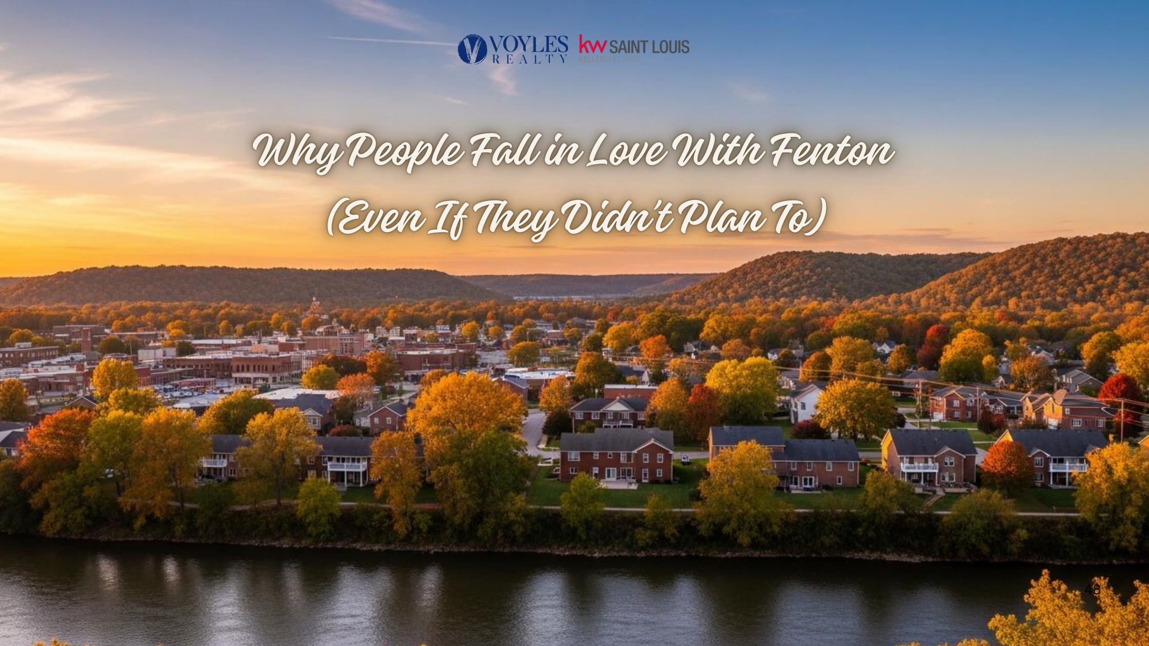 An aerial sunset view of Fenton, Missouri, featuring autumn trees, residential neighborhoods, and the Meramec River. Text reads: 