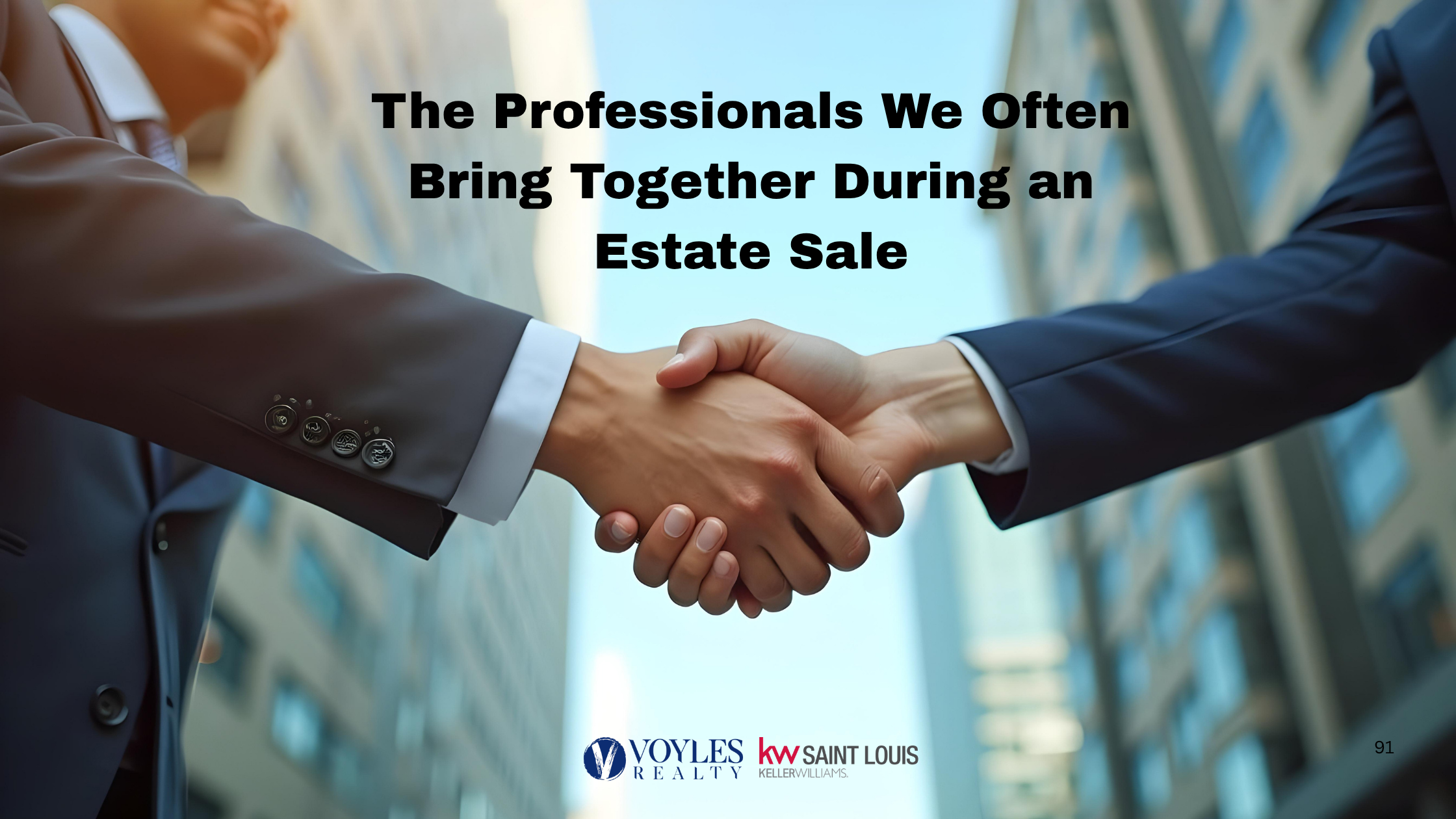 Close-up of two business professionals in suits shaking hands outside a high-rise office building, featuring the text 