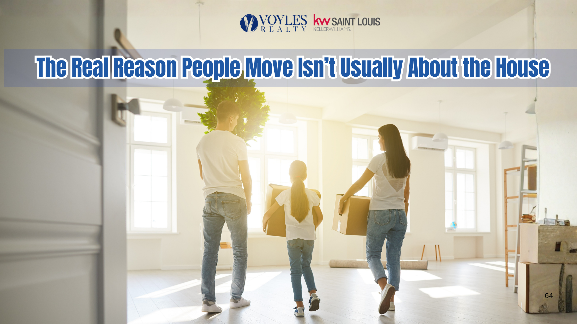 A family carrying moving boxes into a bright, sunlit new home with text overlay: 