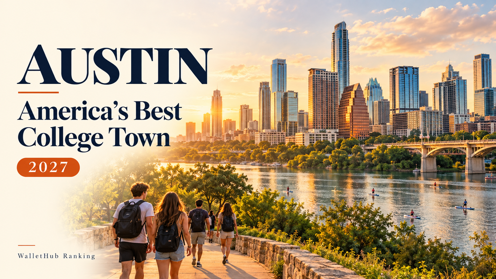 Austin skyline at sunset with students walking beside the river and text reading “Austin: America’s Best College Town 2027.