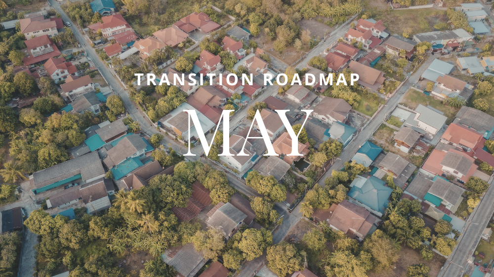 Aerial image of a colorado neighborhood with Transition Roadmap May text overlay