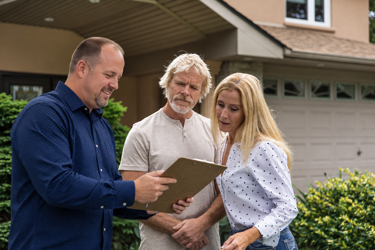Homeowners discussing whether to sell their current home before buying their next home with a real estate professional.