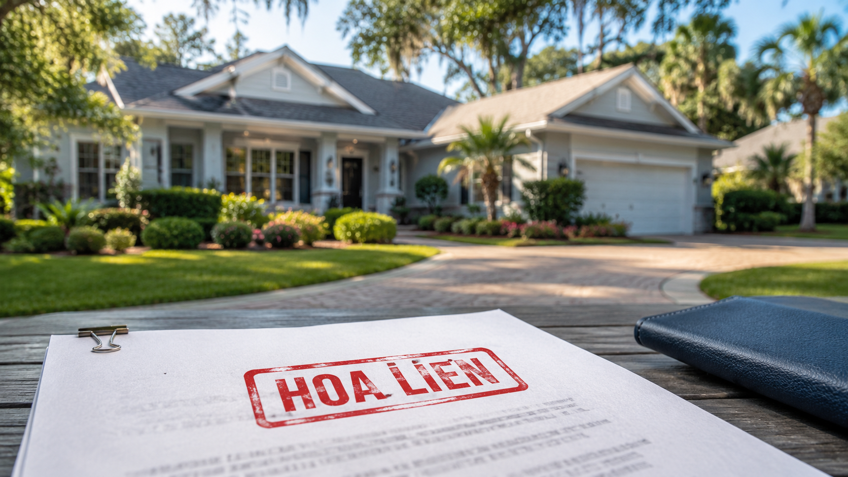 HOA lien notice in front of a Northeast Florida home involved in a short sale.