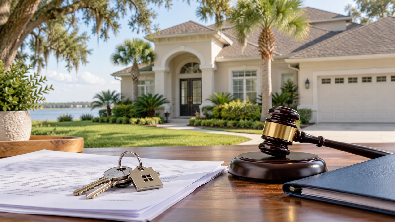 House keys, title documents, and a judge’s gavel outside a Florida home, representing a judgment lien in a short sale.