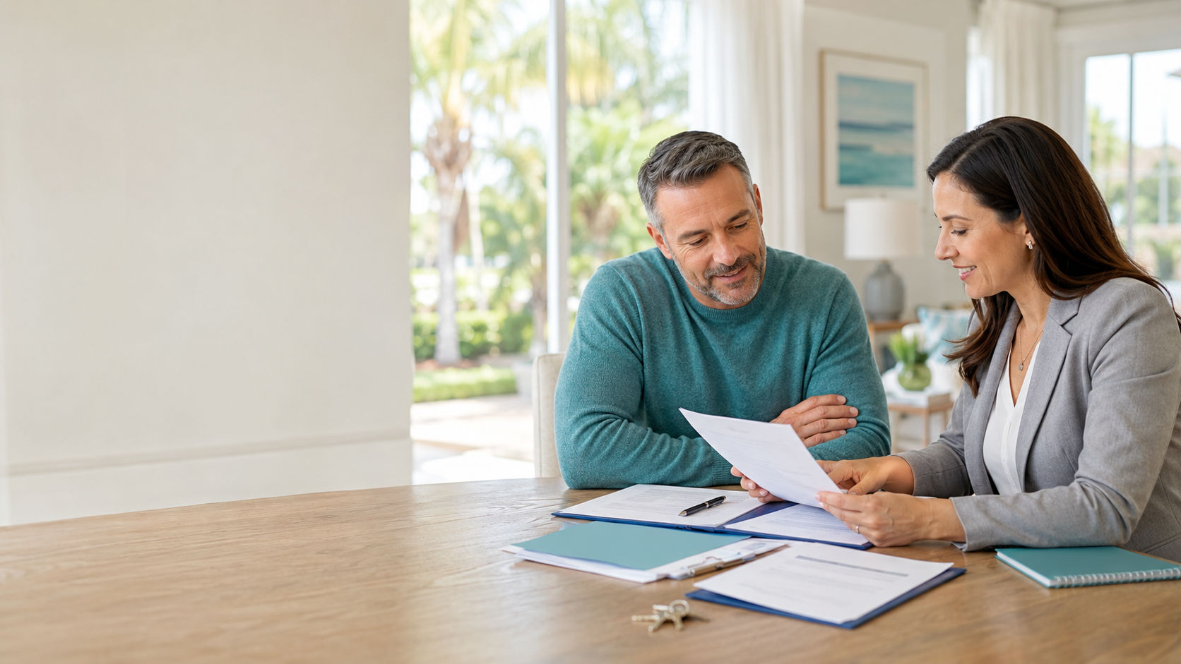 Florida homeowner reviewing a short sale approval letter and deficiency waiver with a real estate professional.