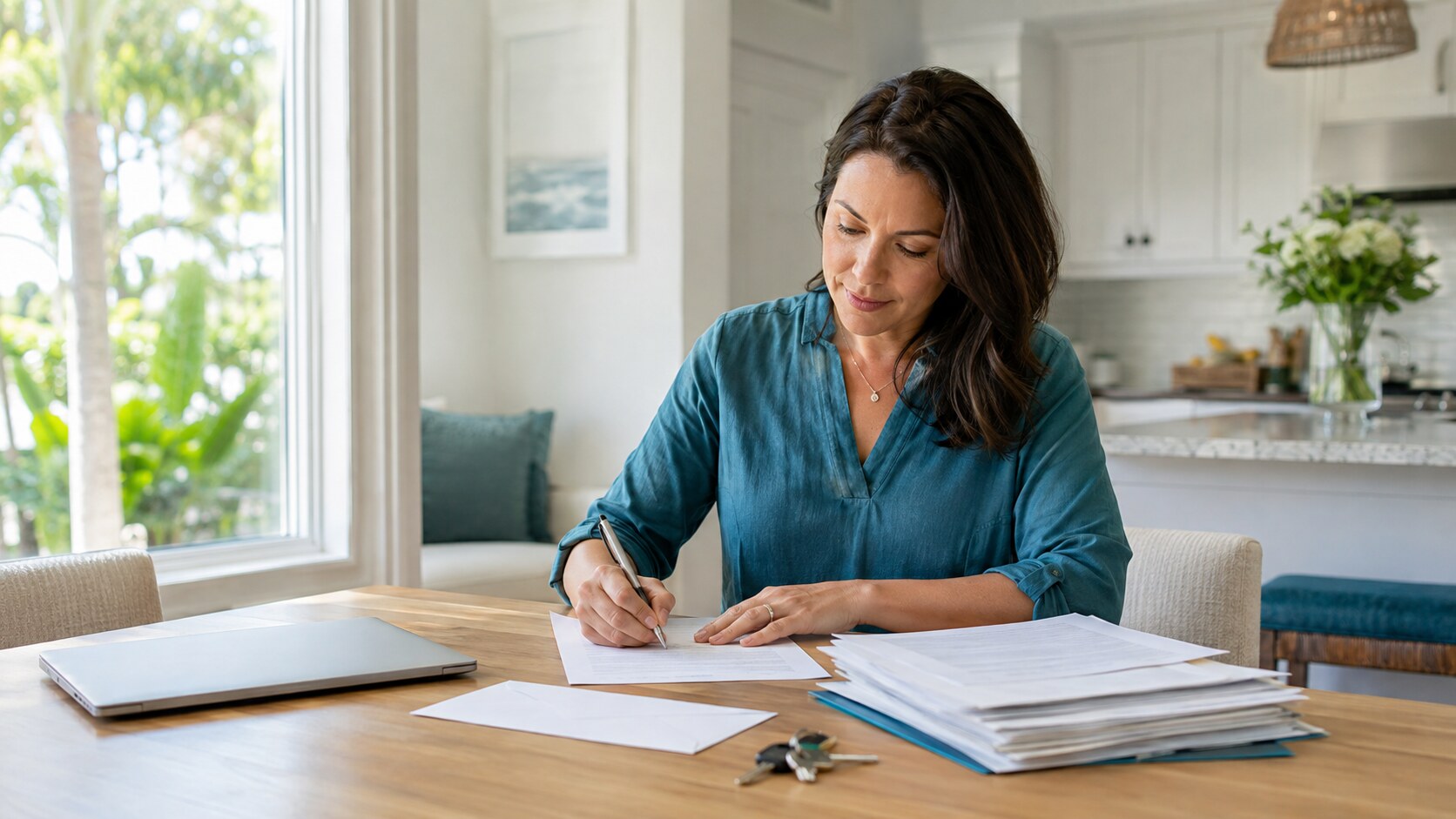 Northeast Florida homeowner writing a short sale hardship letter while reviewing mortgage documents.