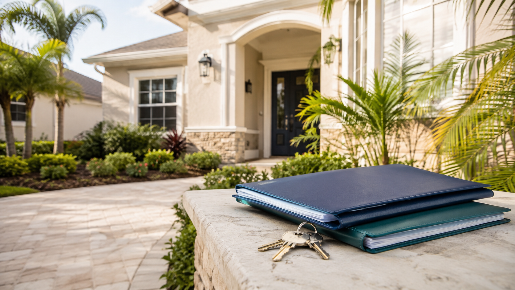 Two mortgage document folders and house keys outside a Northeast Florida home, representing a short sale with a second mortgage or HELOC.