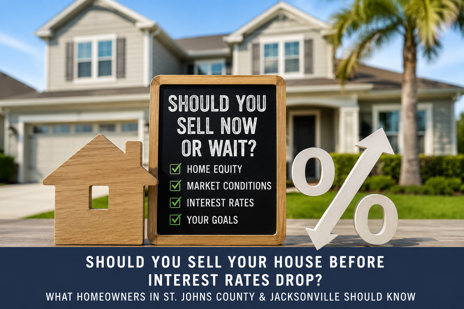 Should you sell your house before interest rates drop? Real estate market graphic showing a home, interest rate symbol, and seller decision factors for homeowners in St. Johns County and Jacksonville, Florida.