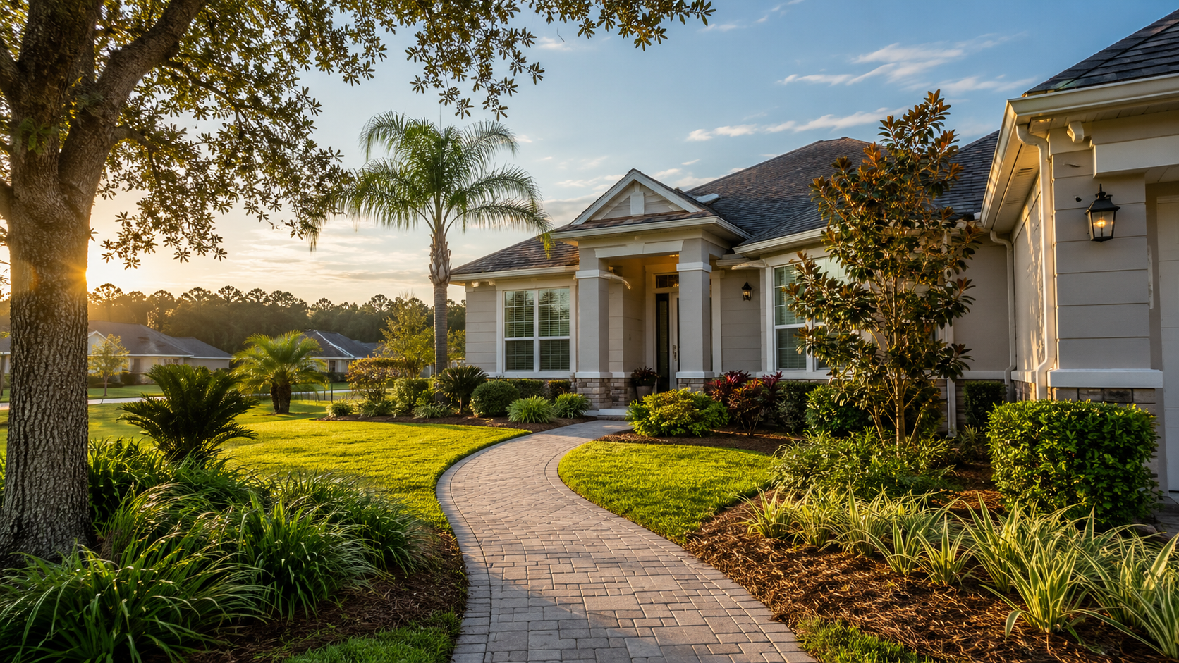 Sunlit pathway leading to a Northeast Florida home, symbolizing a fresh start two to three years after a short sale.