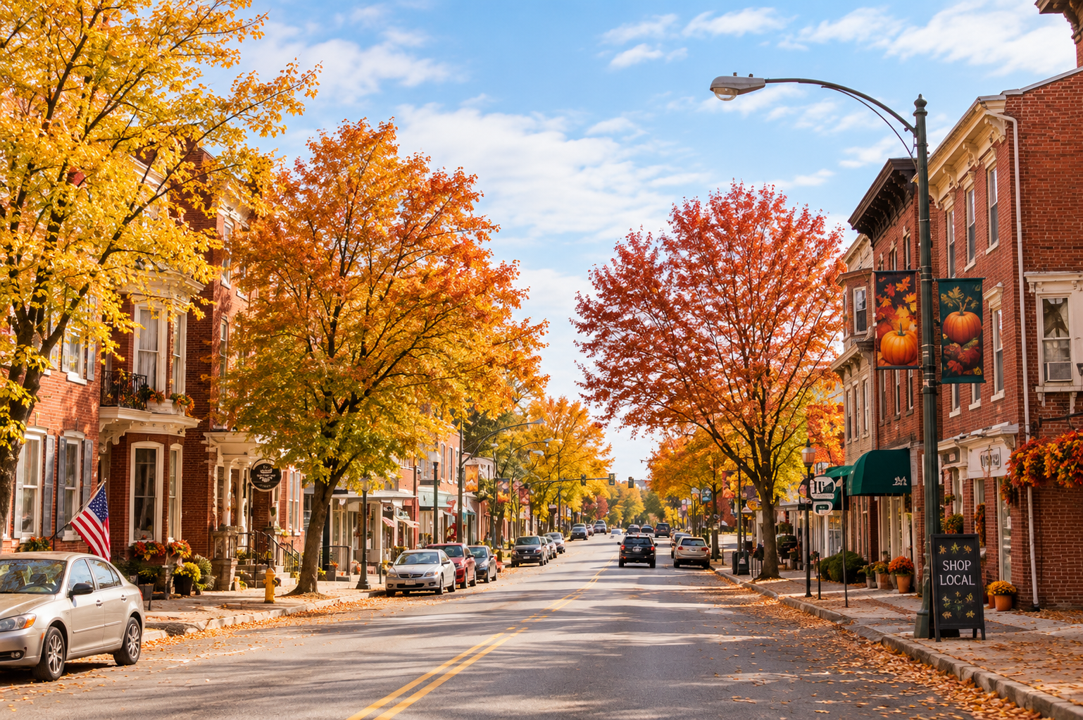 Description: Small-town main street in autumn with brick storefronts, sidewalk shoppers, and fall leaves.