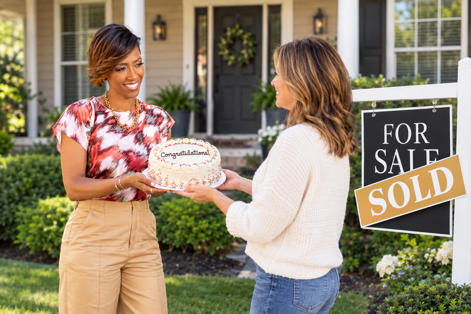 Real estate agent shaking hands with a homeowner at the front door, with a For Sale sign in the yard.