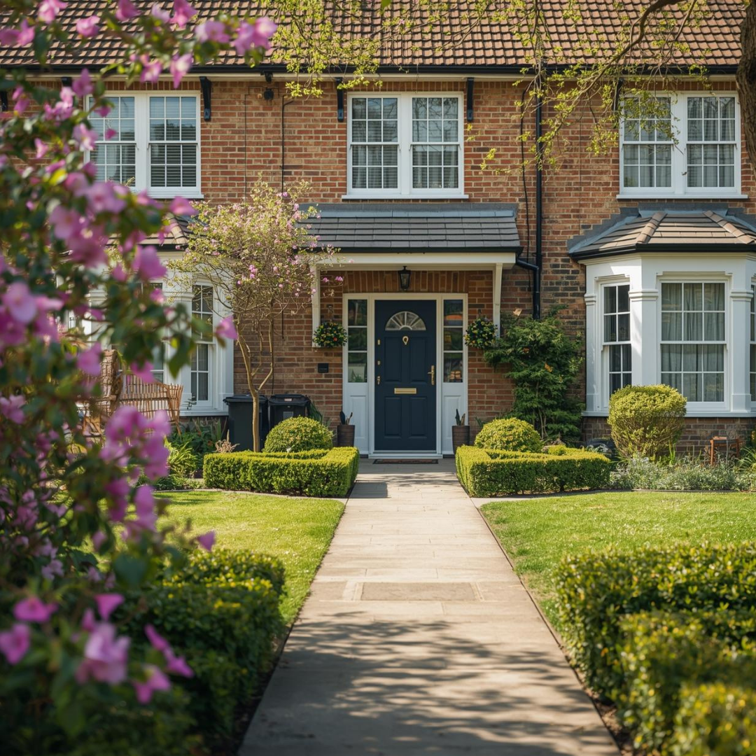 A symmetric photograph taken from the front of a meticulously maintained, classic red brick London, Ontario townhouse garden. A central stone pathway, flanked by symmetric, manicured boxwood hedges, leads directly to a dark blue front door with white trim. The garden features diverse plantings, including a large bush of pink-purple climbing flowers in the far-left foreground, blooming flowering trees, and varied green foliage. The two-story townhouse has multiple multi-pane windows and a well-tiled roof. Two dark gray garbage bins are discreetly placed next to the pathway among the plantings.