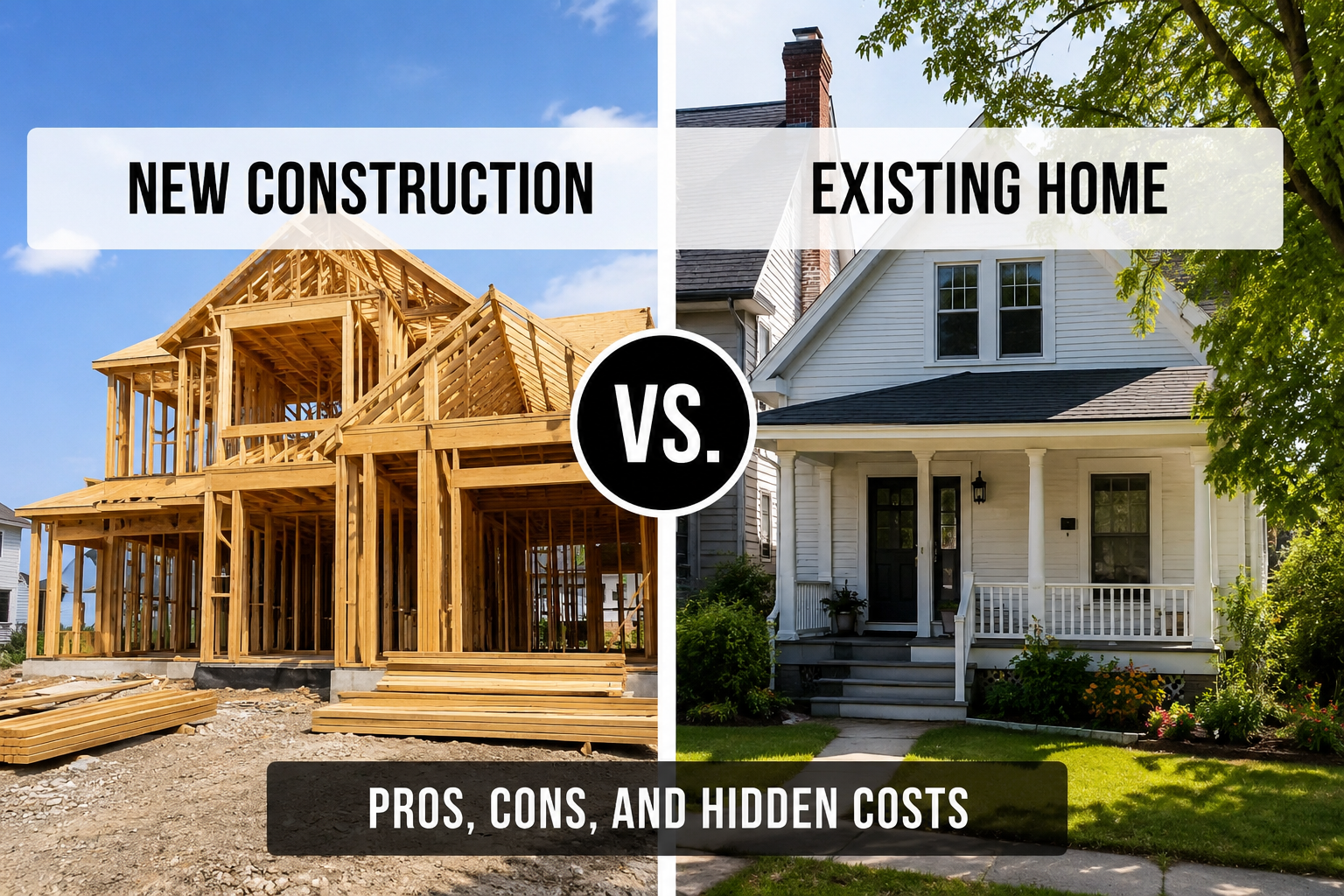 New Construction vs. Existing Home: Pros, Cons, and Hidden Costs header image.