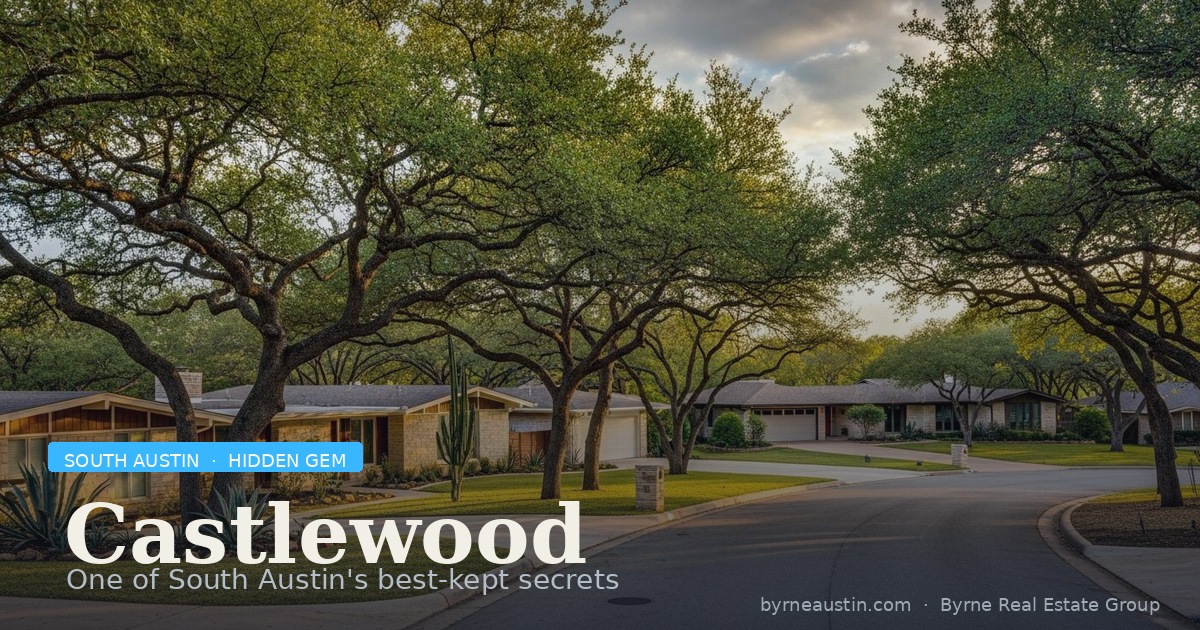 Tree-lined street in Castlewood neighborhood, South Austin — mature live oaks and limestone ranch homes, by Clay Byrne, Byrne Real Estate Group