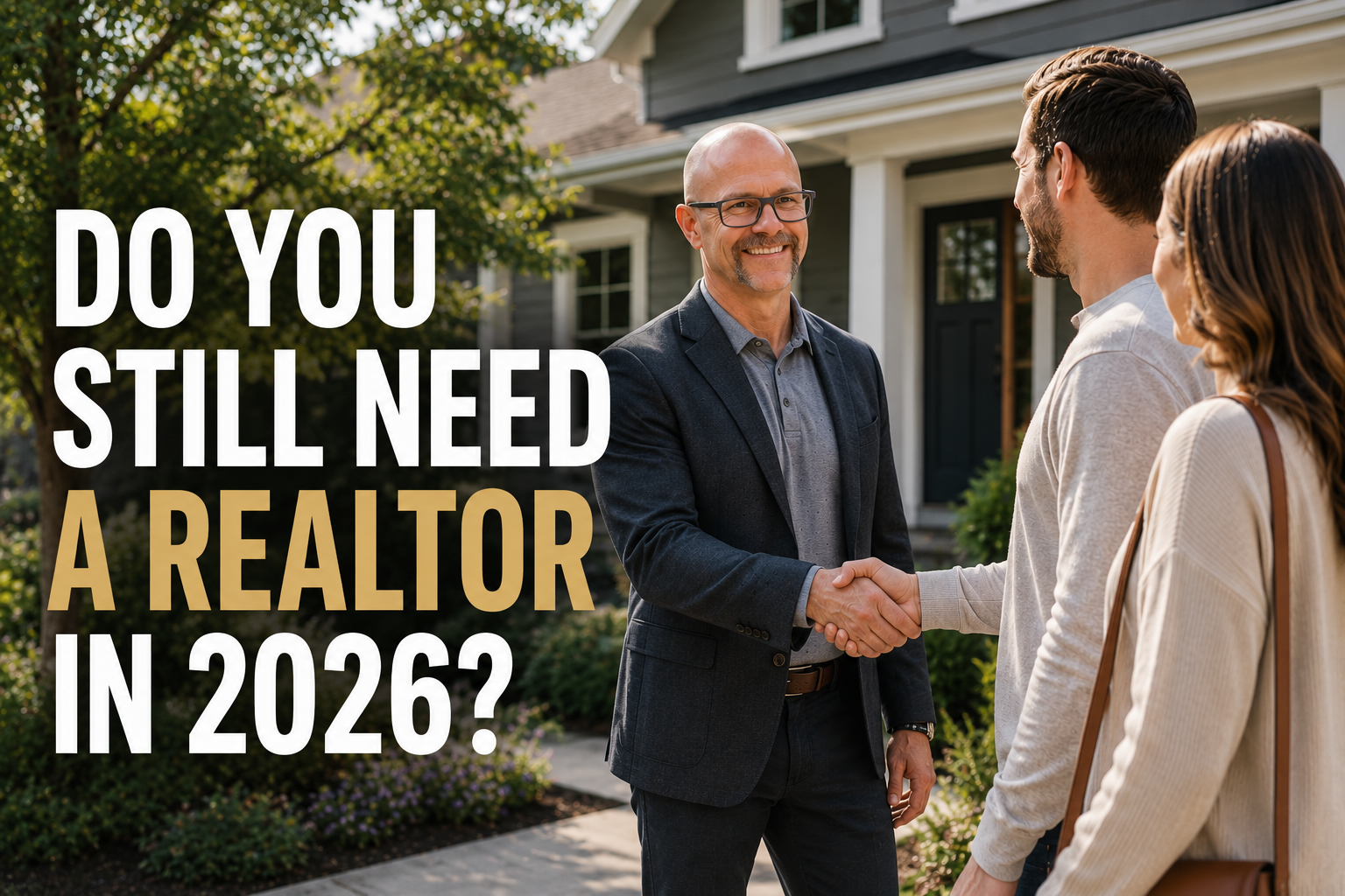 Realtor Scott Ostrode shaking hands with clients in front of a Northern California home, representing the human side of a real estate transaction.