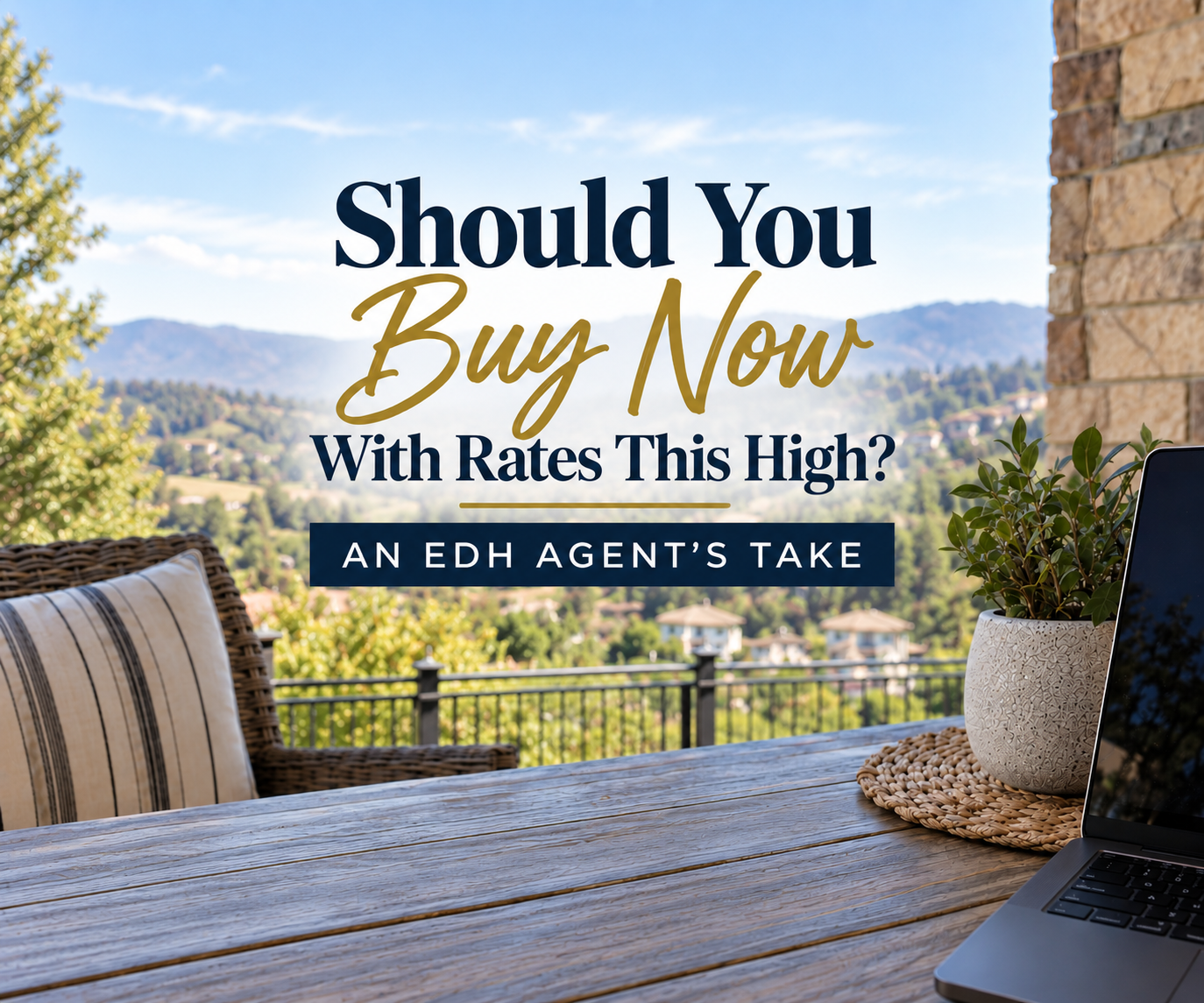 For sale sign in front of a two-story home in El Dorado Hills, California, with the Sierra foothills in the background