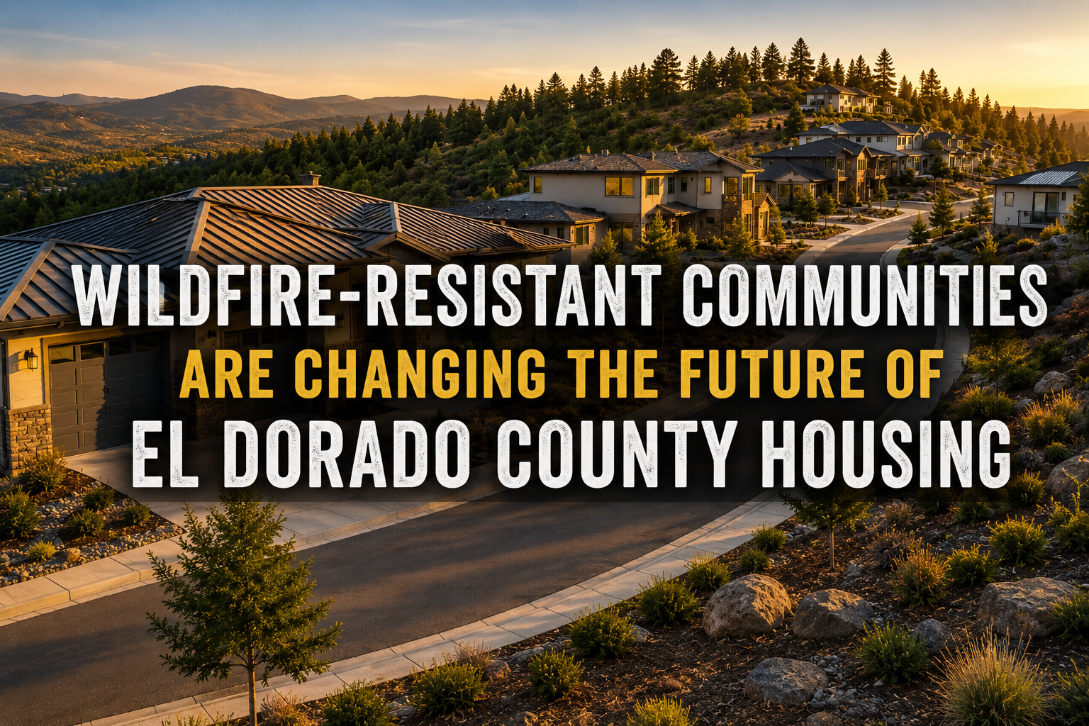 Modern wildfire-resistant neighborhood in El Dorado County, California, featuring fire-hardened homes, defensible space landscaping, and community-focused neighborhood design in the Sierra foothills.