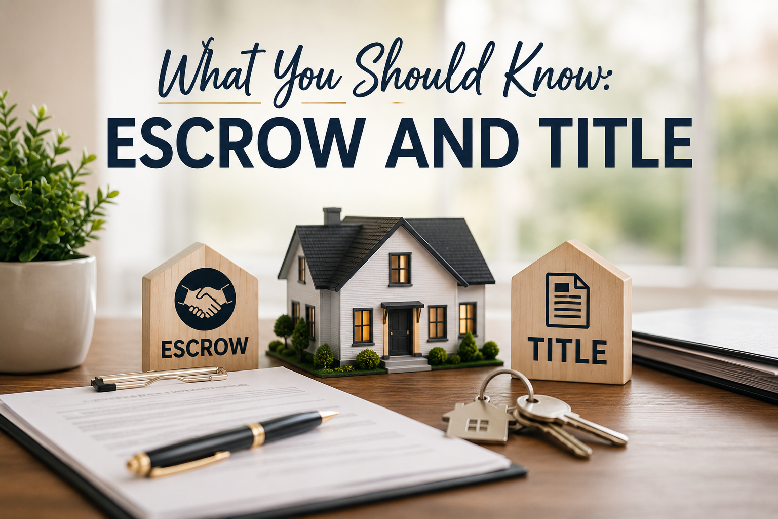 Escrow and title process in a Sacramento real estate transaction, featuring home closing documents, house keys, and a model home. Educational guide for home buyers and sellers in Sacramento, El Dorado Hills, Folsom, Roseville, and surrounding Northern California communities
