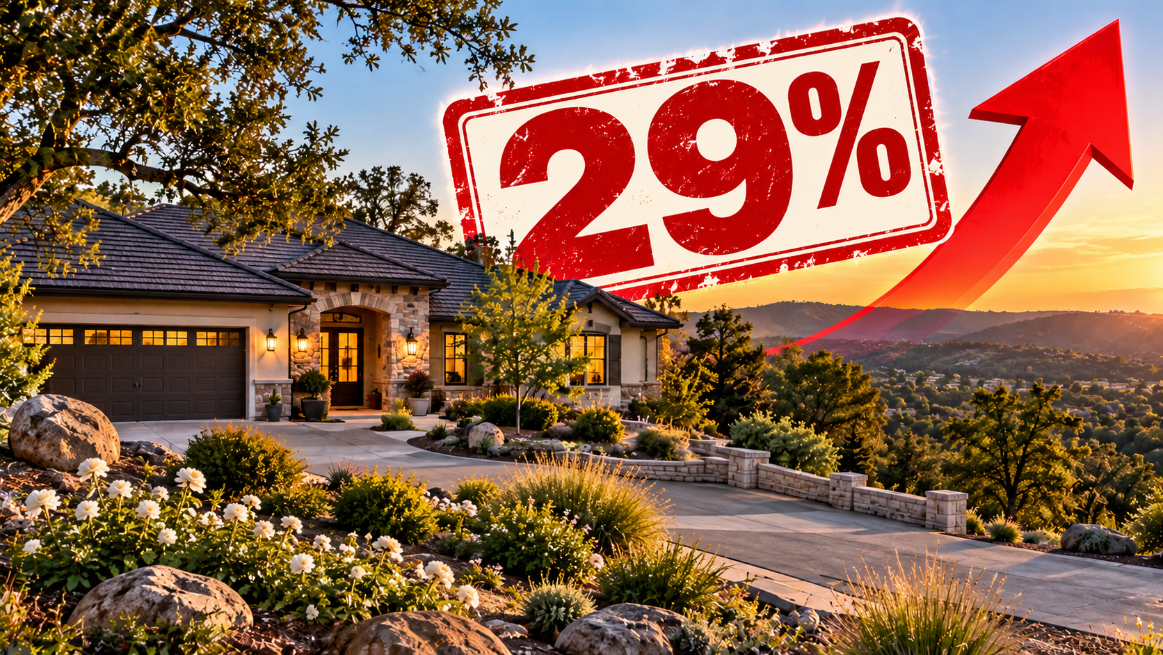 Graphic reading ‘FAIR Plan rates up 29.1%’ over a photo of a foothill home in El Dorado County, California