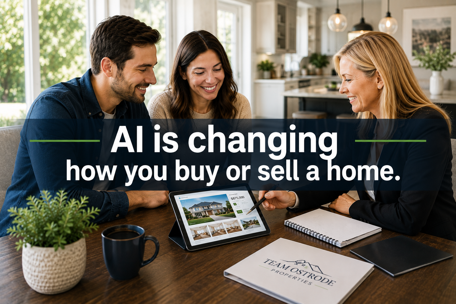AI is changing how you buy or sell a home, featuring a Sacramento real estate agent helping home buyers review property information and market data during a home consultation.