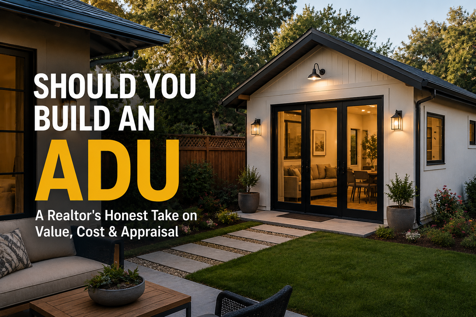 Modern detached accessory dwelling unit (ADU) in a landscaped backyard, illustrating ADU value, construction costs, and appraisal considerations for homeowners in El Dorado Hills and Sacramento.