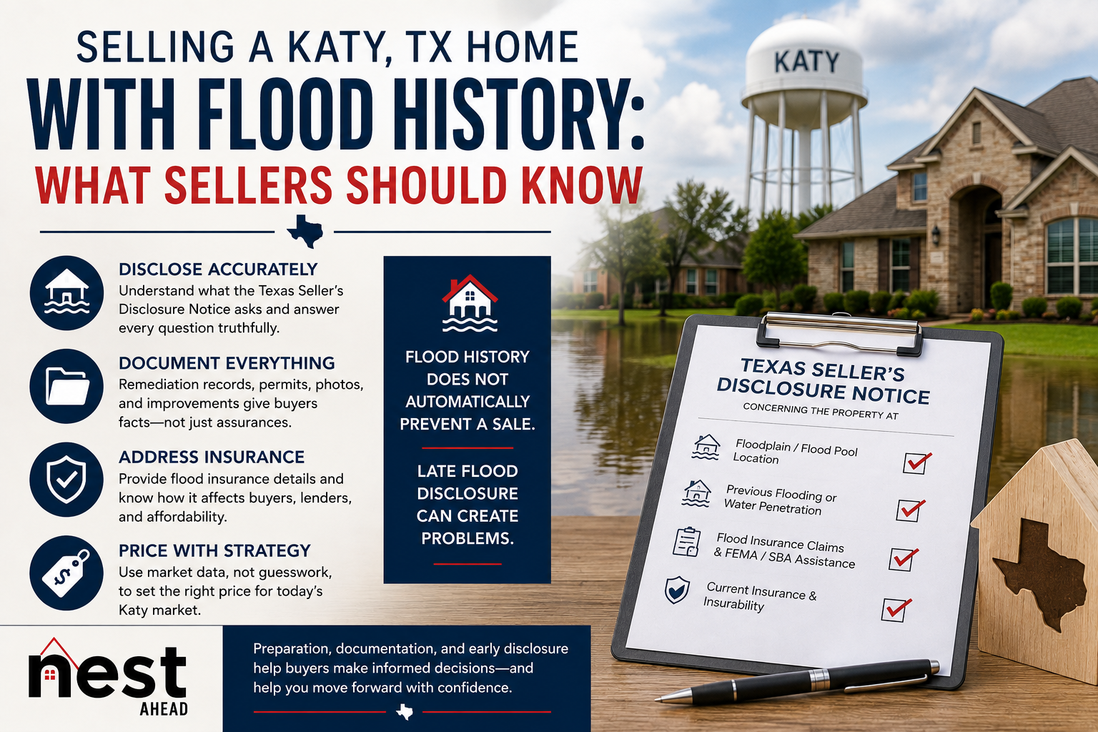 Katy, TX home seller guide explaining how to prepare for a sale when a property has previous flood history.