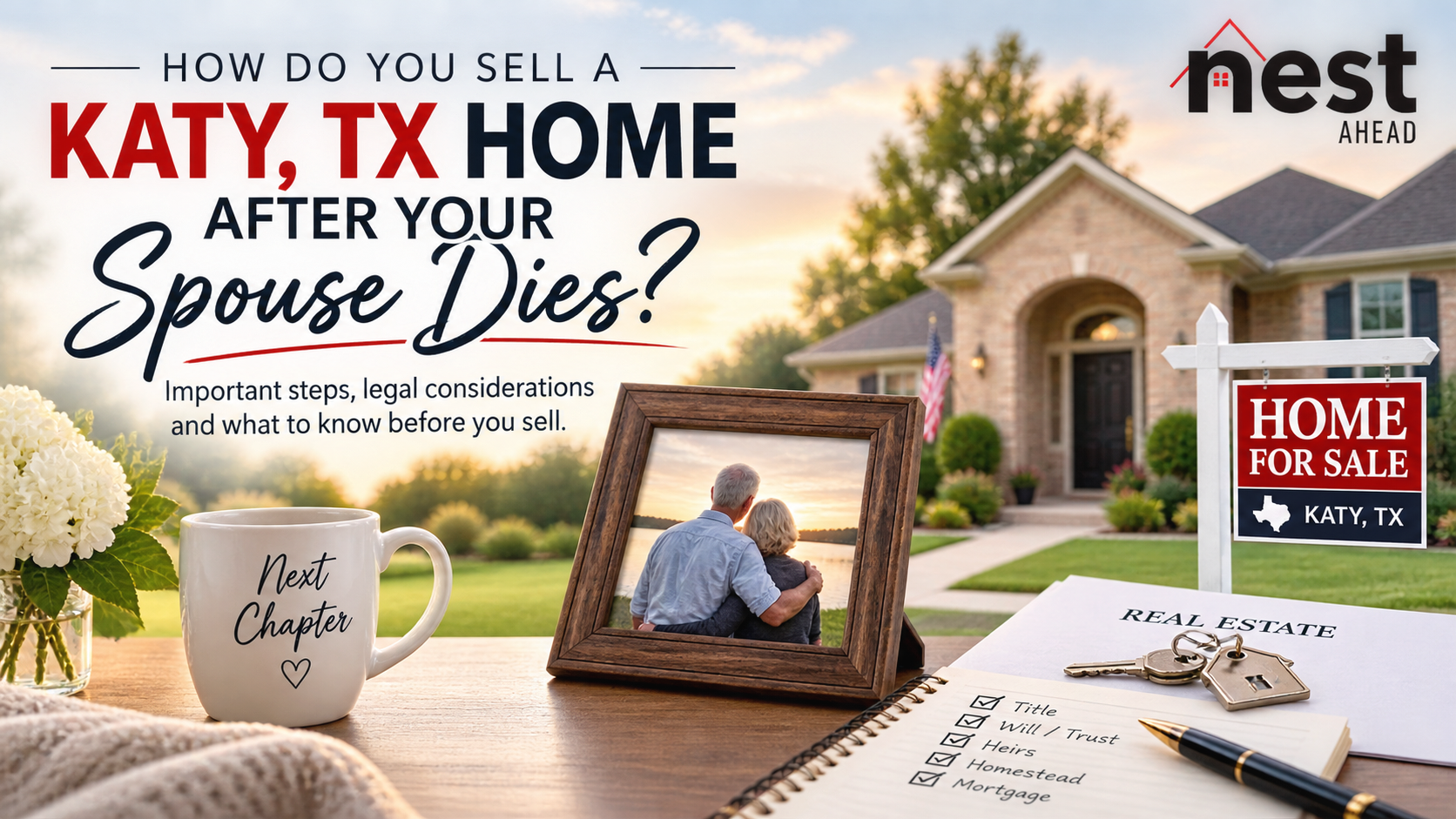 Katy, TX home selling guide for a surviving spouse after the death of a spouse, with a home, real estate documents, keys, and estate planning checklist.