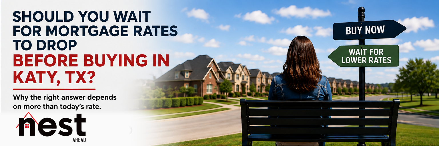 Mortgage rate comparison graphic for Katy, TX home buyers considering whether to wait for lower interest rates before purchasing a home.