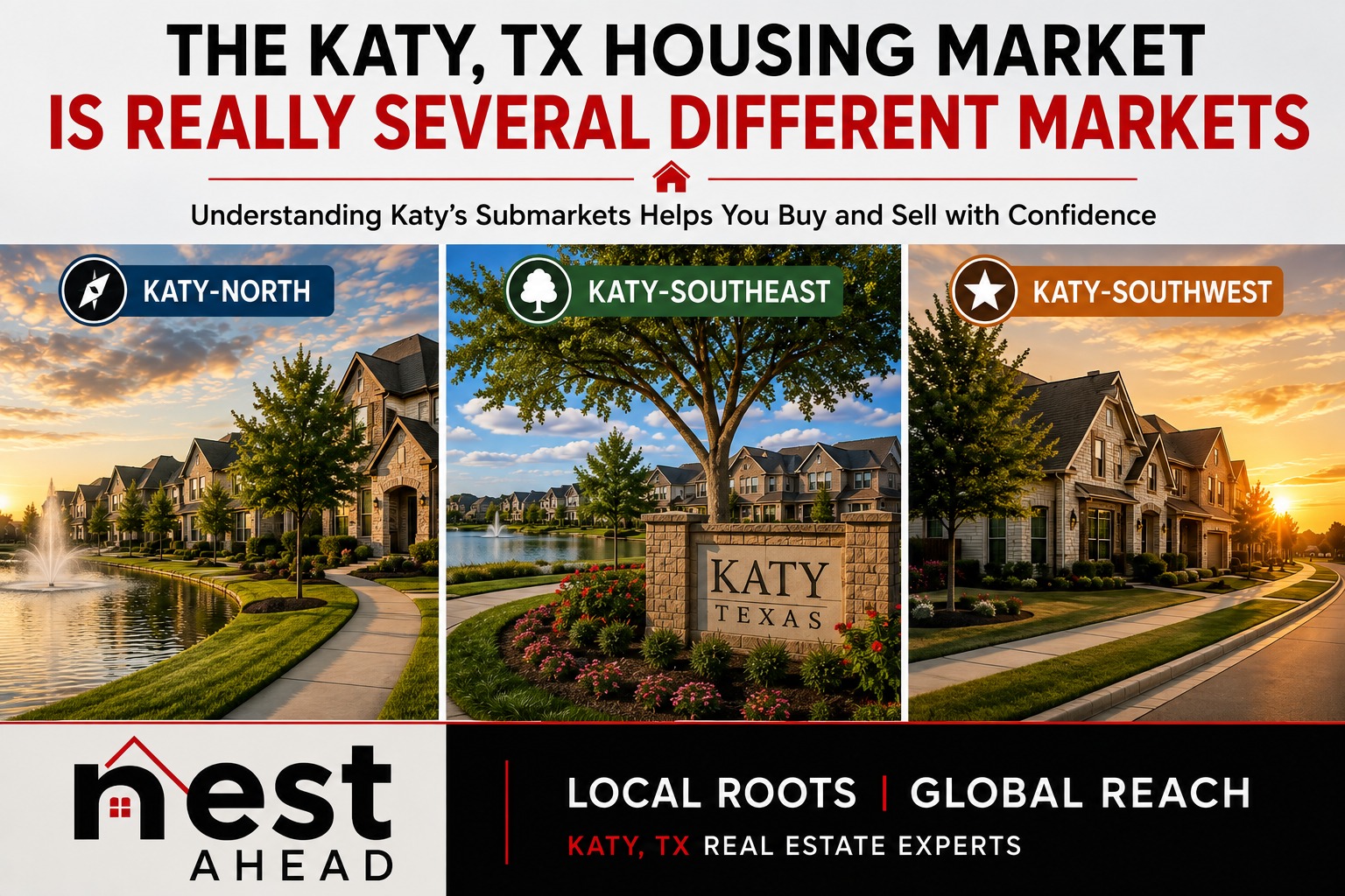 Katy, TX housing market graphic representing Katy-North, Katy-Southeast, and Katy-Southwest market areas.