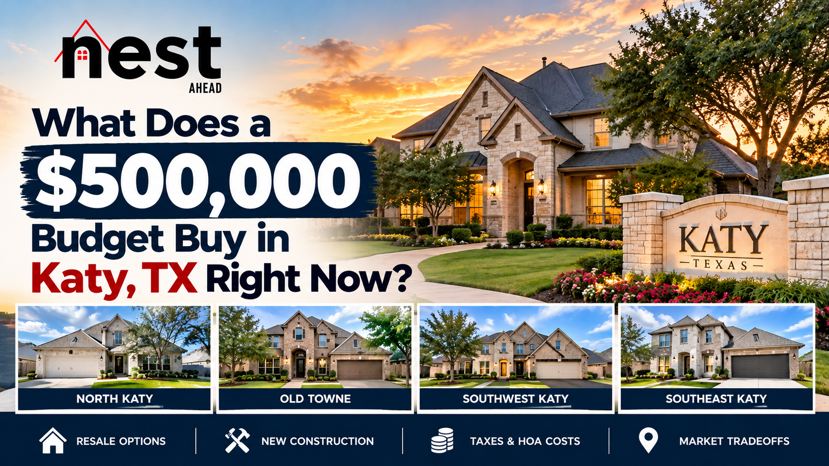 Comparison of what a $500,000 home budget can buy in Katy, TX in October 2026