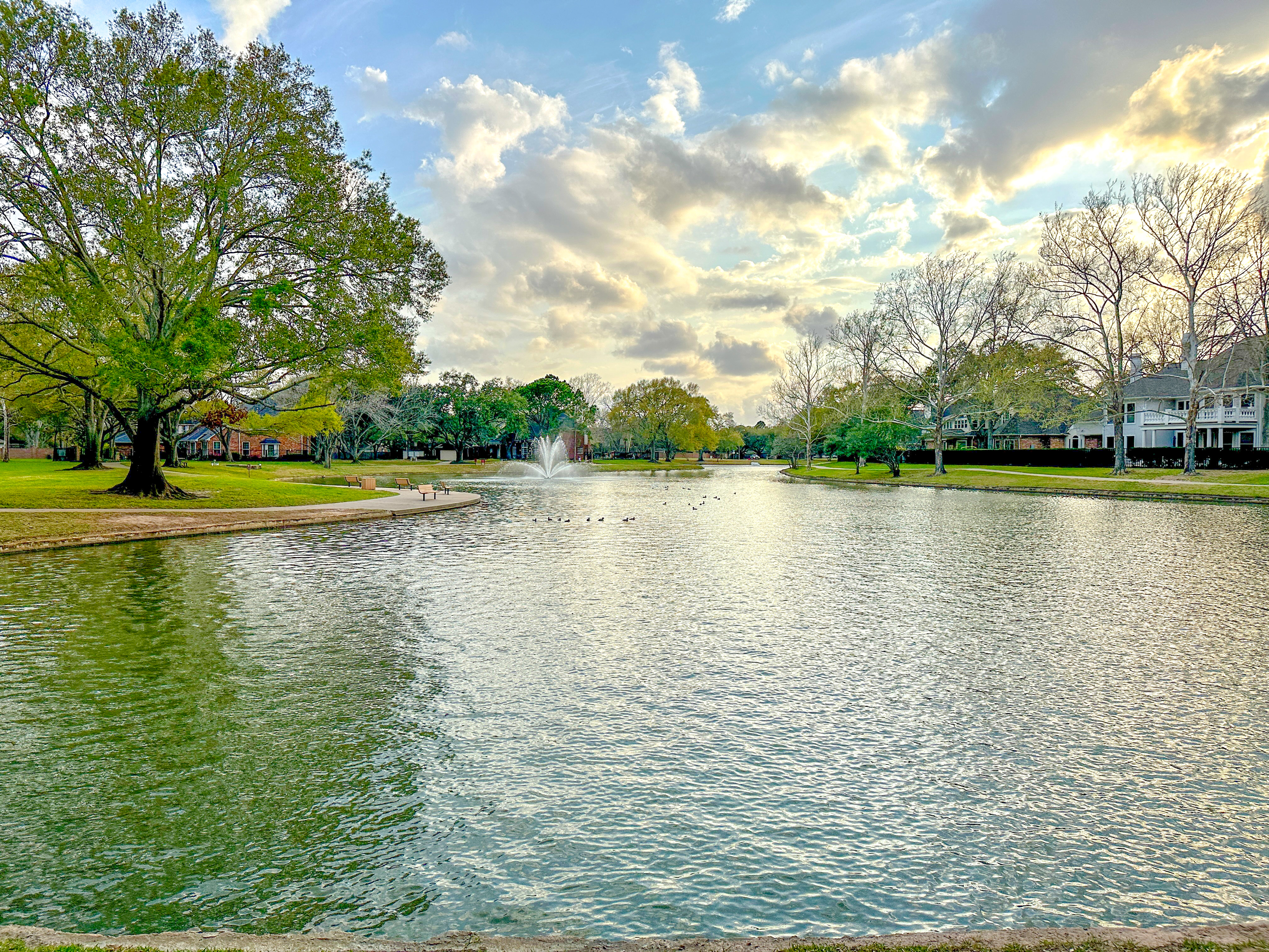 Walking trail and lake view at a park in Katy TX