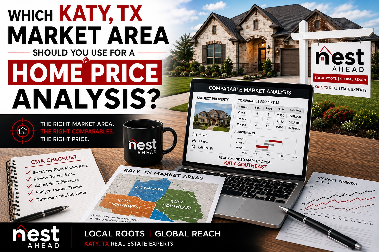 Katy, TX home price analysis graphic illustrating market-area selection, comparable properties, and comparative market analysis.