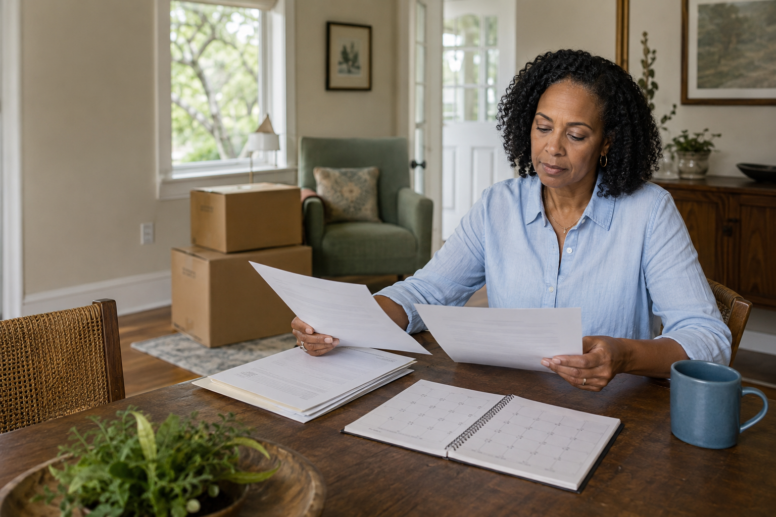 Houston homeowner reviewing sale and purchase timelines while preparing to move from her current home.