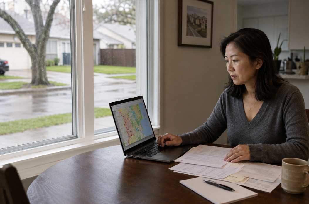 Houston homebuyer reviewing a property flood-risk map and insurance information after rainfall in an established neighborhood.