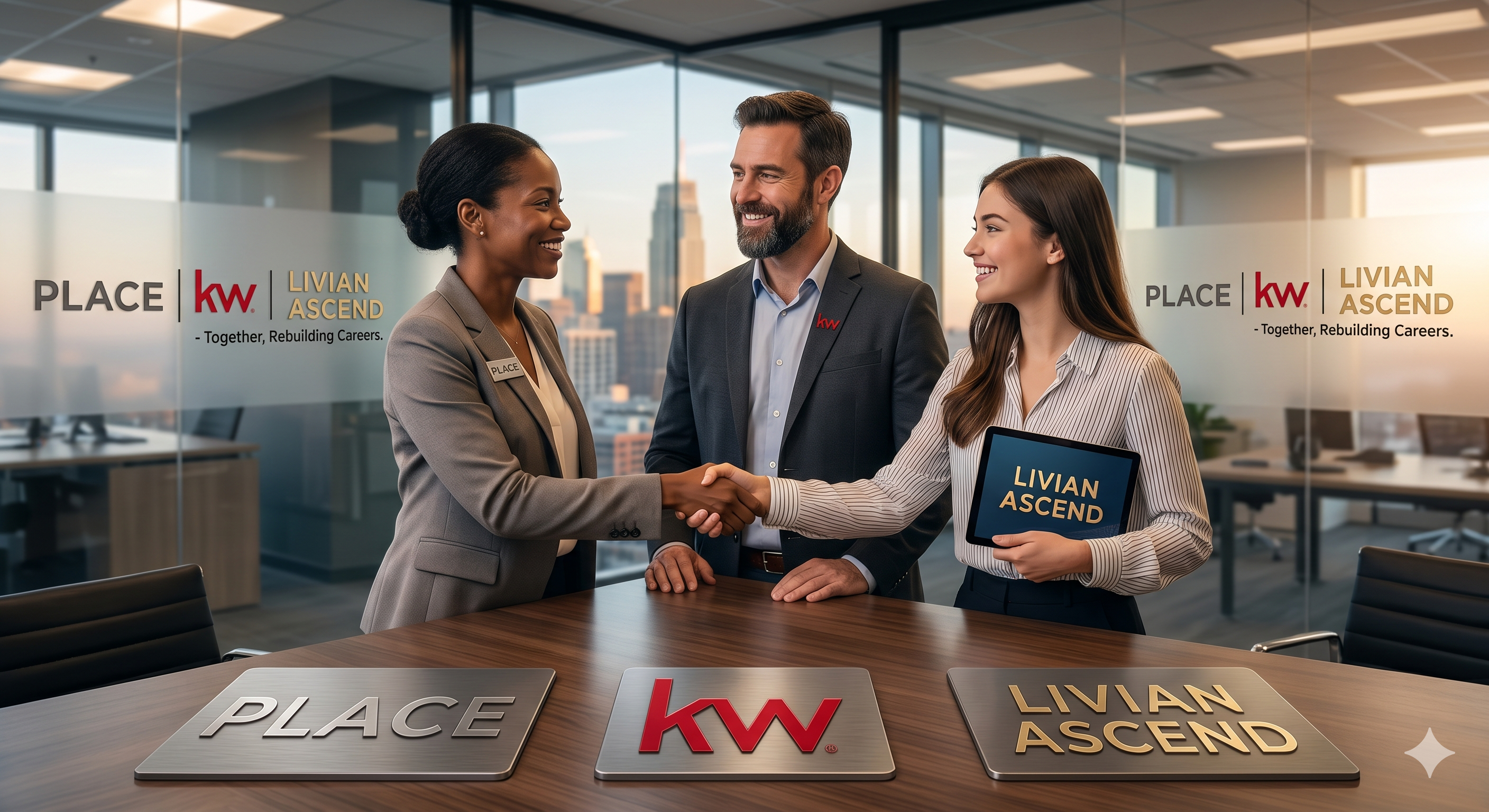 Homeowner meeting with a real estate professional and insurance advisor in one collaborative setting