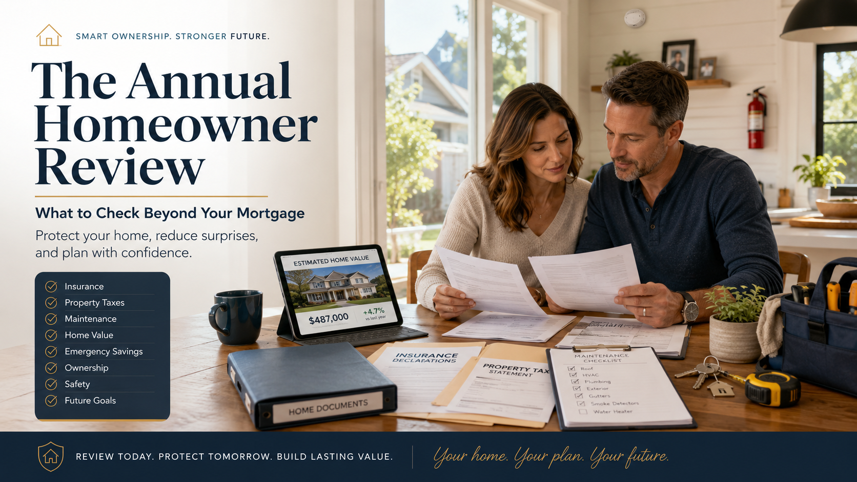 Annual homeowner review checklist with insurance documents, calculator, and house keys