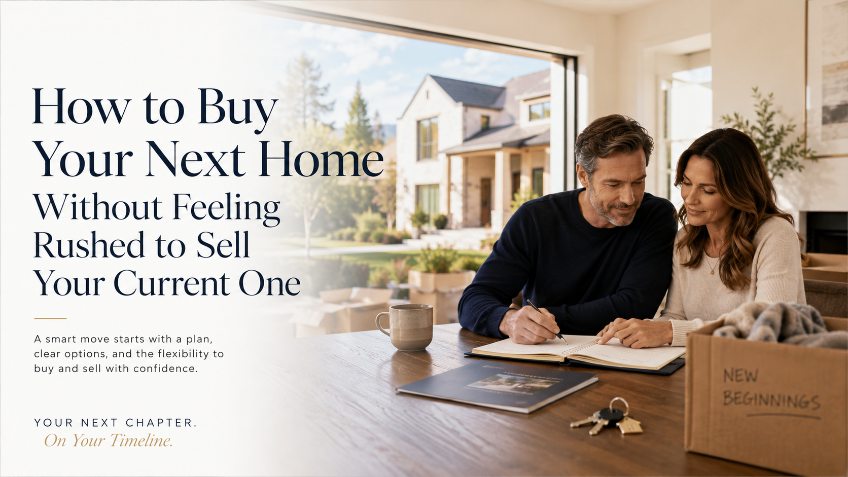 Couple planning a move with laptop, home search notes, and sale timeline on table