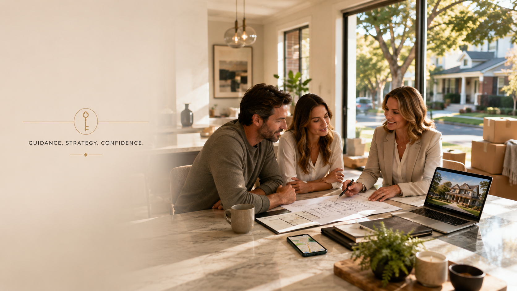 Homeowner meeting with real estate advisor to review move strategy, timing, and next steps