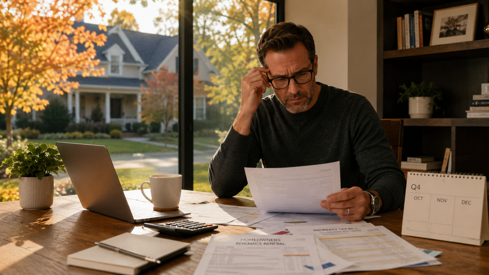 Homeowner reviewing escrow statement, tax bill, and insurance paperwork during year-end planning