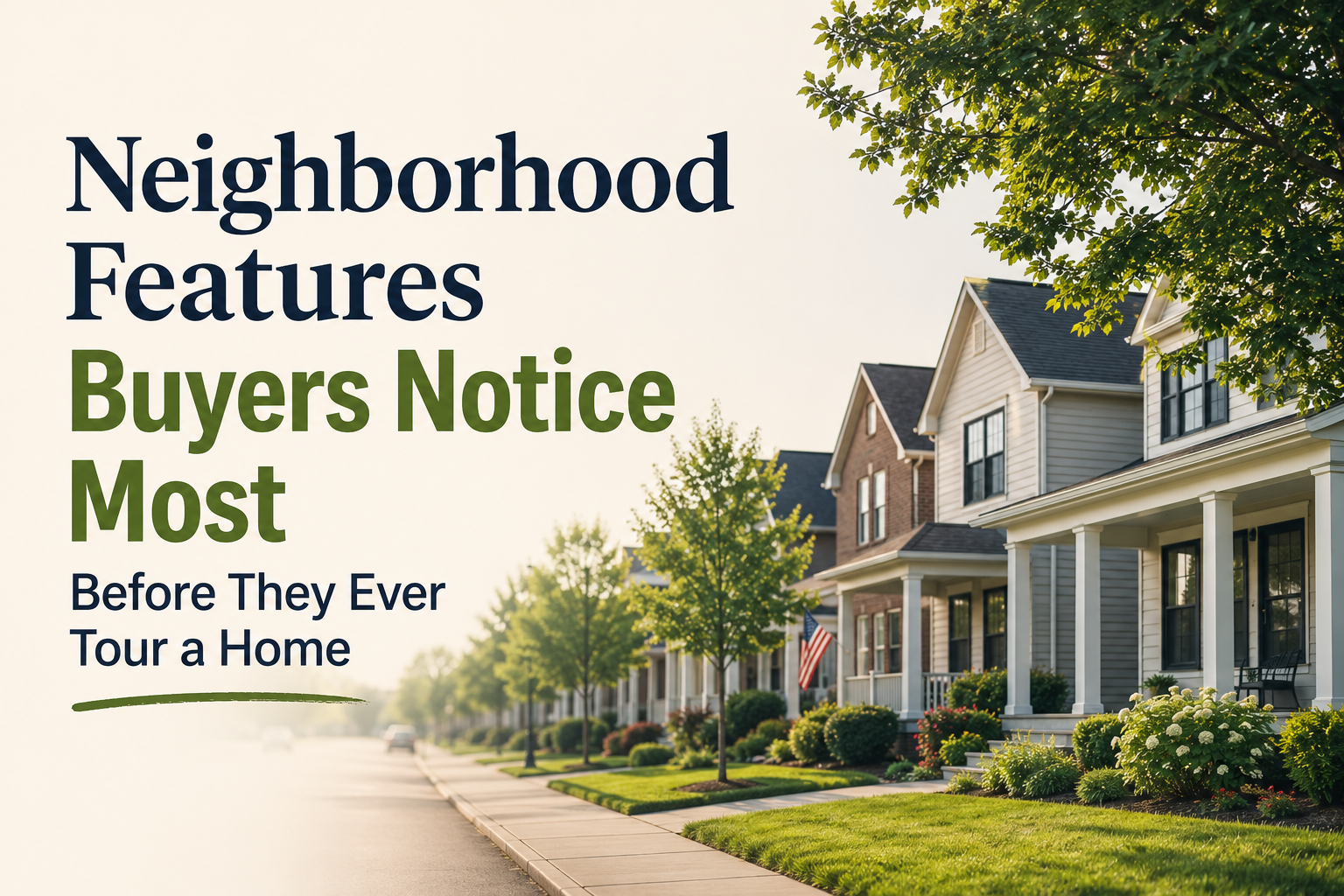 Residential neighborhood street with sidewalks, mature trees, and well-kept homes in soft daylight