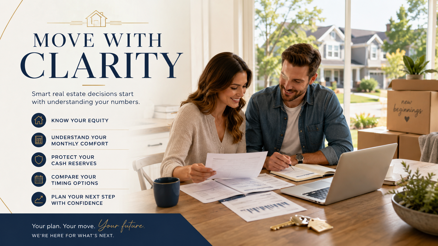 Homeowners having a financial planning conversation before deciding to move