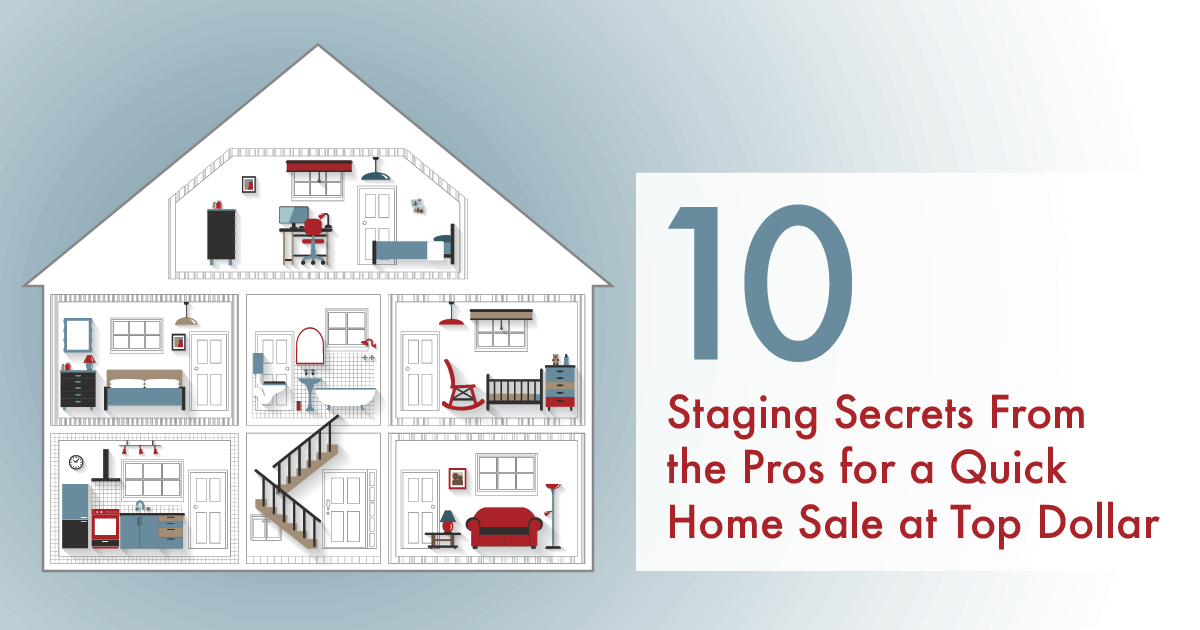 10 STAGING SECRETS FROM THE PROS FOR A QUICK HOME SALE AT TOP DOLLAR header image.