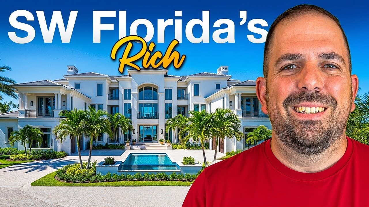 John Garuti in front of a luxury waterfront mansion in Southwest Florida with the text ‘SW Florida’s Rich’ — representing wealth and upscale real estate in Naples and nearby coastal communities.