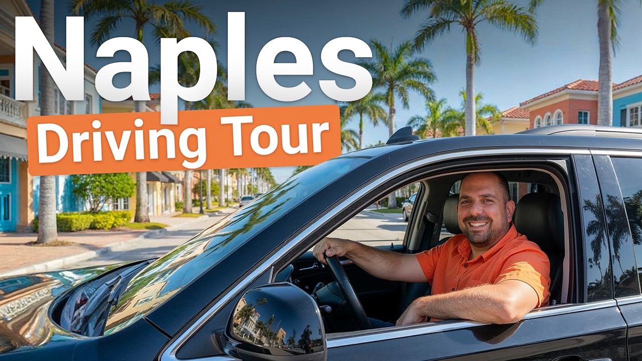 Smiling man in an orange shirt driving through downtown Naples, Florida, with colorful buildings and palm trees along the street — thumbnail for Naples Driving Tour video.