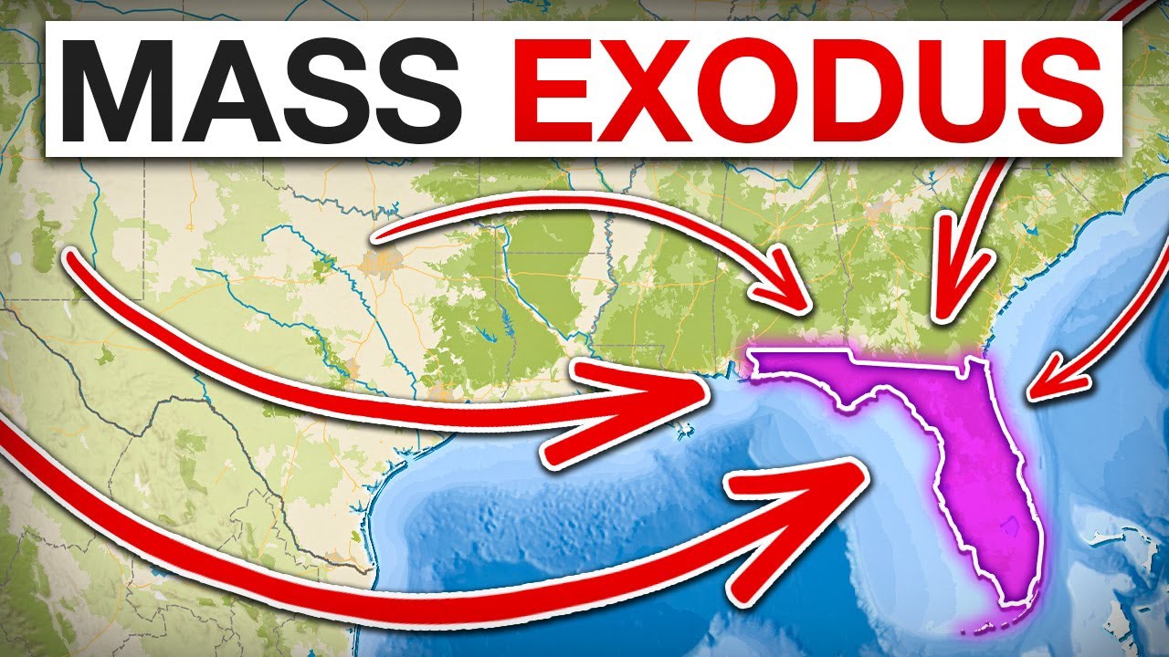 Map of the United States showing multiple red arrows pointing toward Florida, highlighted in purple, with the headline “Mass Exodus”, illustrating large-scale migration to Florida from northern and western states.