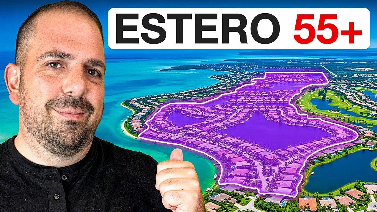 Southwest Florida real estate agent John Garuti pointing to an aerial map highlighting Estero, Florida 55+ communities, with waterfront neighborhoods and Gulf Coast in the background.