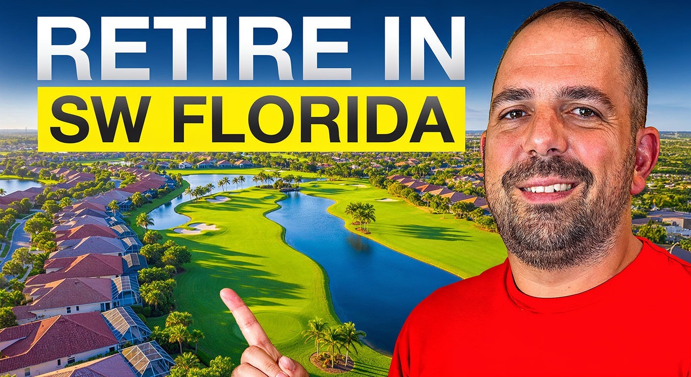 John Garuti smiling in a red shirt pointing toward a scenic golf course community in Southwest Florida, with text overlay that reads ‘Retire in SW Florida.’